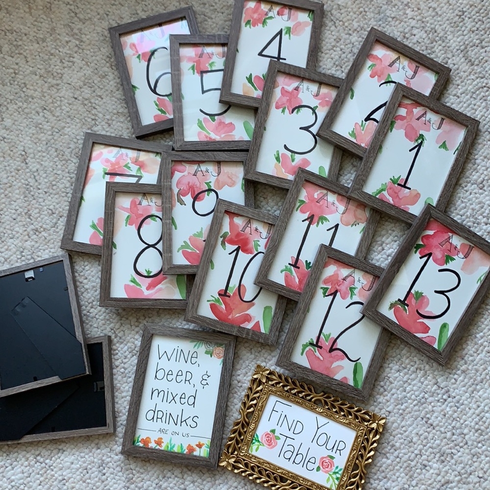 17 Frames for Wedding Tables w/Watercolor Artwork